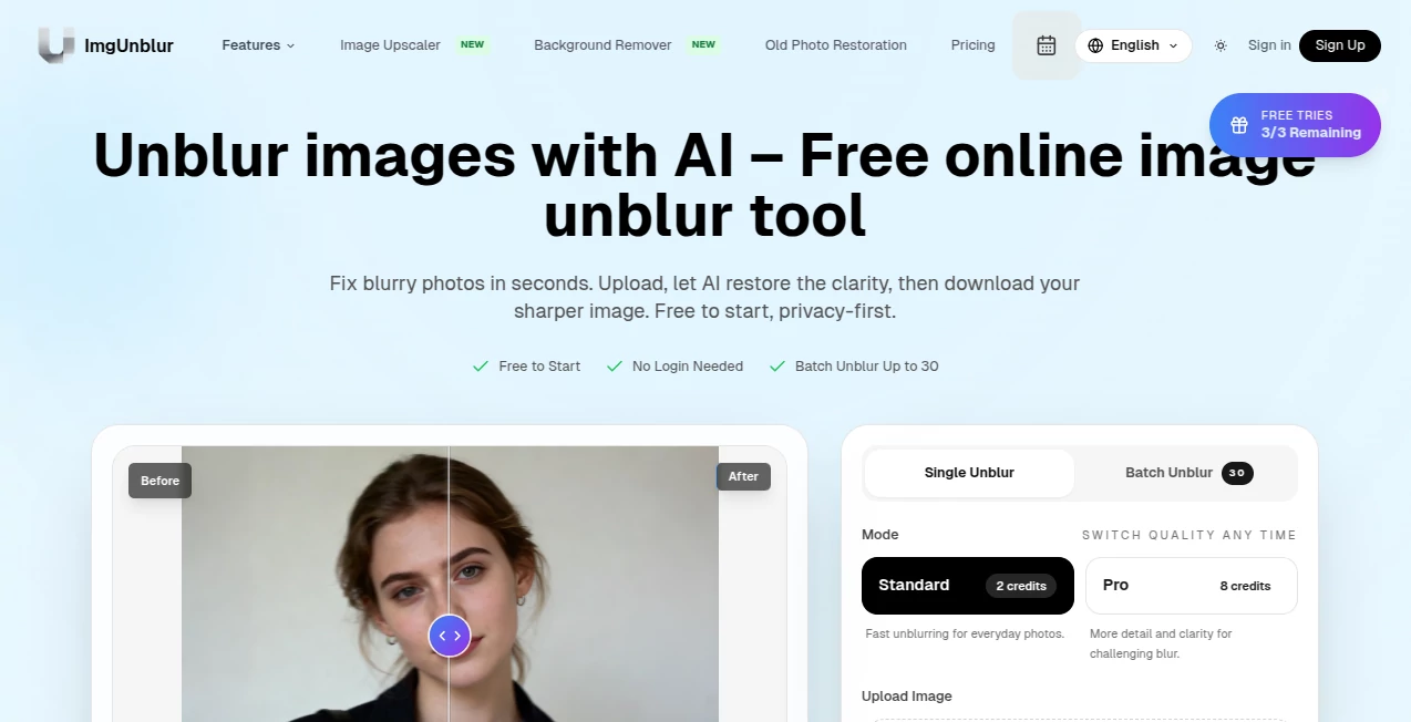 Screenshot of ImgUnblur – An AI tool in the ,AI Background Remover ,AI Image Recognition ,Photo & Image Editor ,AI Photo Enhancer  category, showcasing its interface and key features.