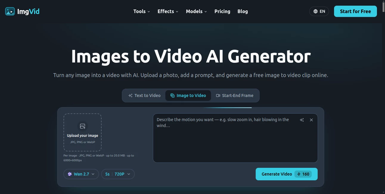 Screenshot of ImgVid – An AI tool in the ,AI Image to Video ,AI Video Generator  category, showcasing its interface and key features.