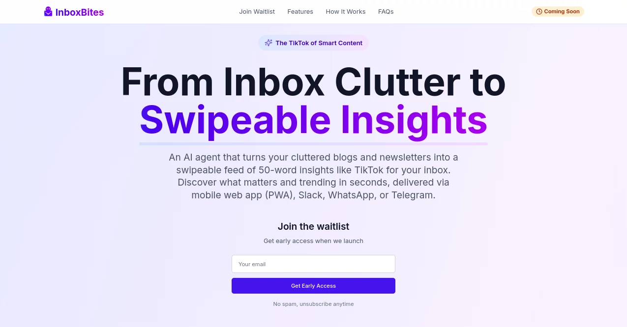 Screenshot of Inboxbites – An AI tool in the ,AI Summarizer ,AI Productivity Tools ,AI Team Collaboration  category, showcasing its interface and key features.