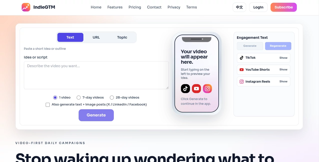 Screenshot of IndieGTM – An AI tool in the ,AI Content Generator ,AI Social Media Assistant ,AI Marketing Plan Generator ,AI Digital Marketing Generator  category, showcasing its interface and key features.
