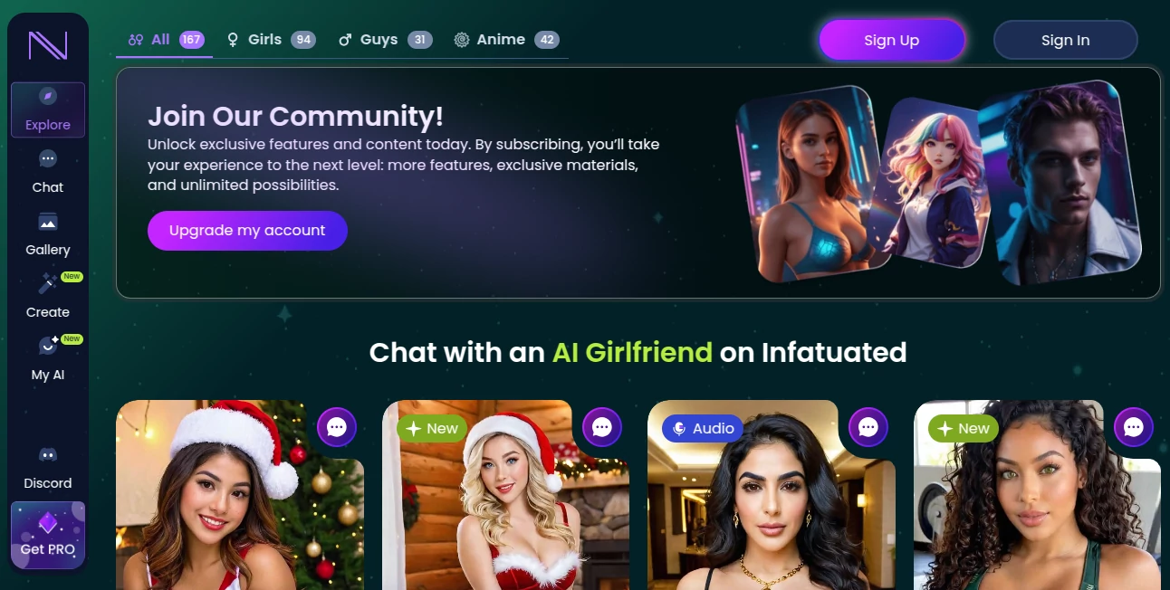 Screenshot of Infatuated AI – An AI tool in the ,AI Chatbot ,AI Girlfriend ,AI Character ,AI Life Assistant  category, showcasing its interface and key features.
