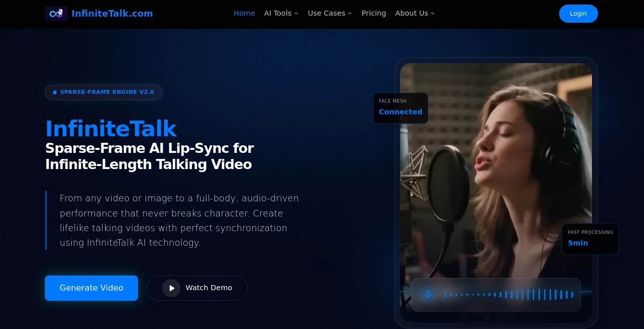 Screenshot of InfiniteTalk – An AI tool in the ,AI Animated Video ,AI Image to Video ,AI Text to Video ,AI Video Generator  category, showcasing its interface and key features.