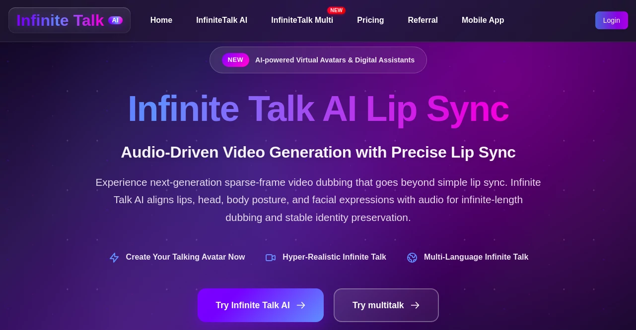 Screenshot of Infinite Talk AI – An AI tool in the ,AI Animated Video ,AI Video Generator ,AI Lip Sync Generator ,AI Speech Synthesis  category, showcasing its interface and key features.