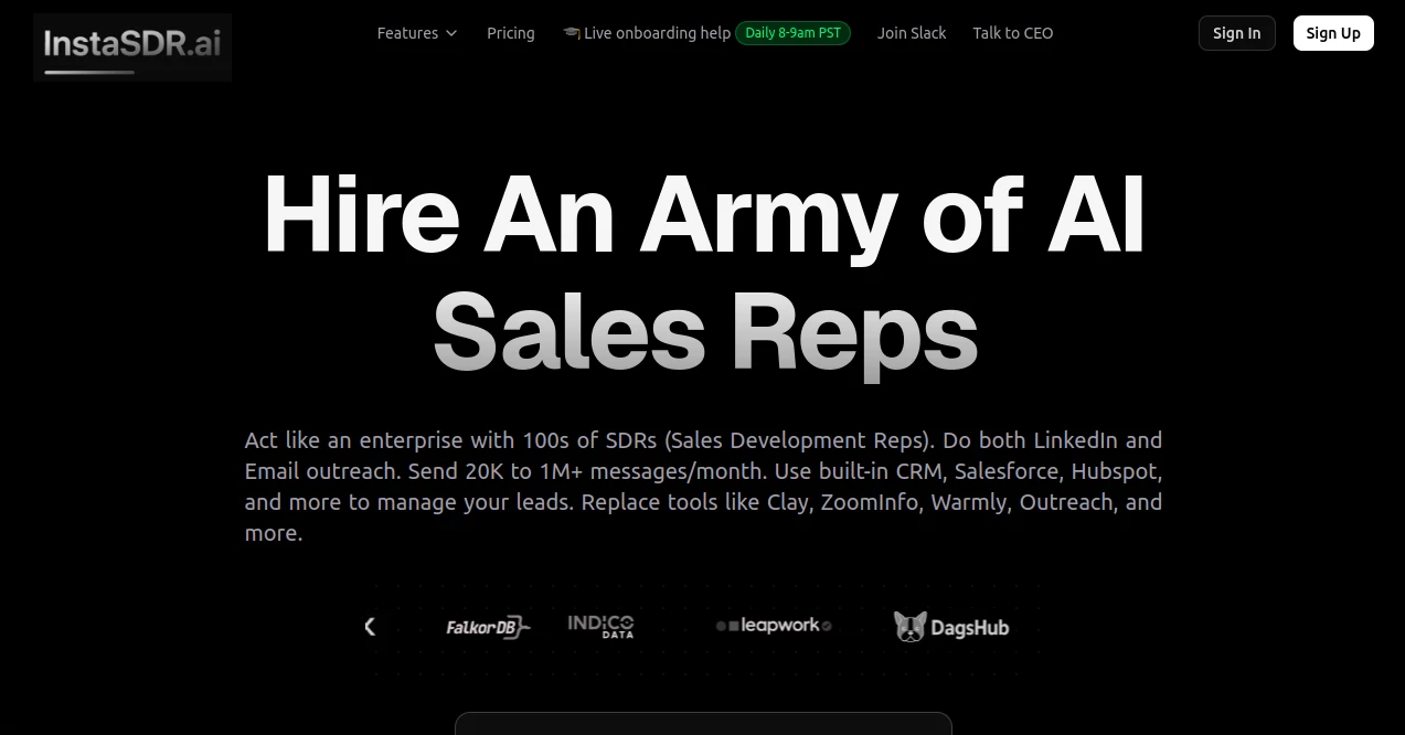 Screenshot of instaSDR AI – An AI tool in the ,AI Sales Assistant ,AI Analytics Assistant ,AI Social Media Assistant ,AI CRM Assistant ,Marketing  category, showcasing its interface and key features.
