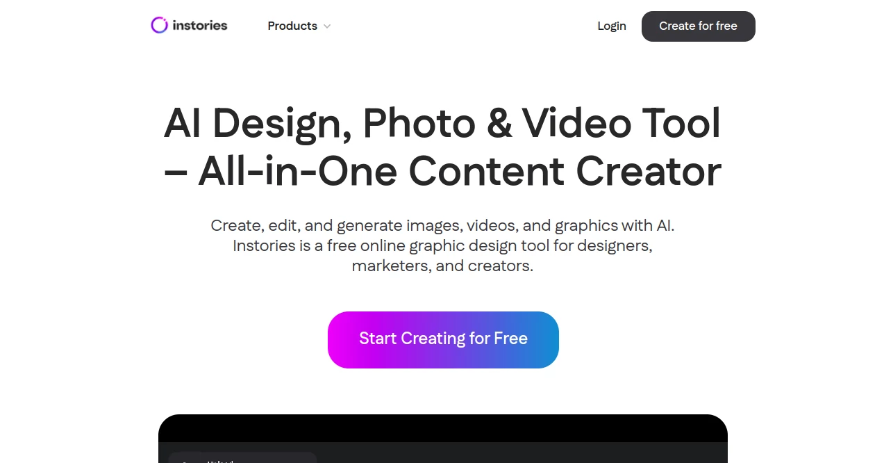 Screenshot of Instories – An AI tool in the ,AI Content Generator ,AI Video Editor ,AI Social Media Assistant ,AI Presentation Generator  category, showcasing its interface and key features.