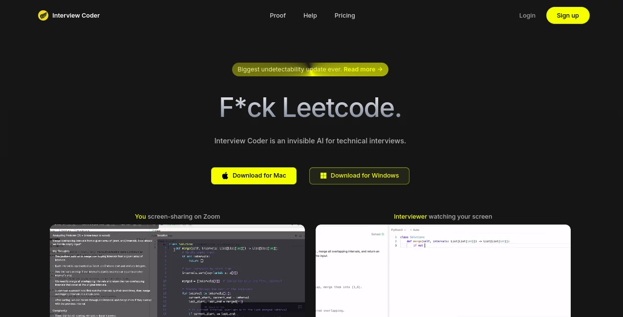 Screenshot of Interview Coder – An AI tool in the ,AI Code Assistant ,AI Code Explanation ,AI Code Generator ,AI Code Refactoring ,AI Interview Assistant  category, showcasing its interface and key features.