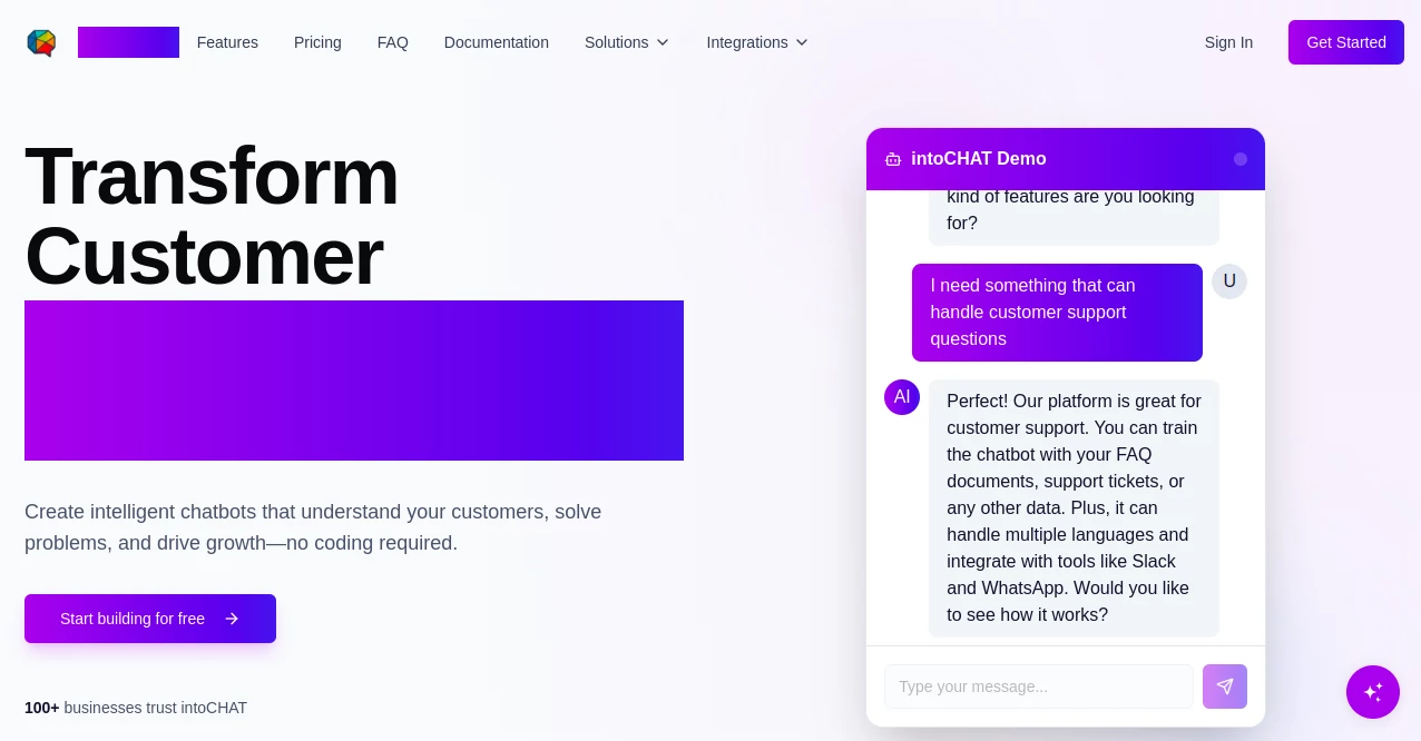 Screenshot of intoCHAT – An AI tool in the ,AI No-Code & Low-Code ,AI Customer Service Assistant ,AI Chatbot ,AI Team Collaboration  category, showcasing its interface and key features.