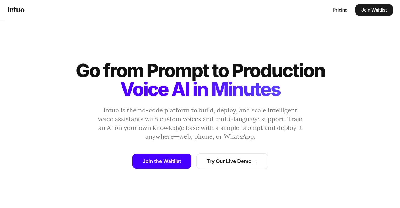 Screenshot of Intuo AI – An AI tool in the ,AI No-Code & Low-Code ,AI Speech Recognition ,AI Speech Synthesis ,AI Voice Assistants  category, showcasing its interface and key features.