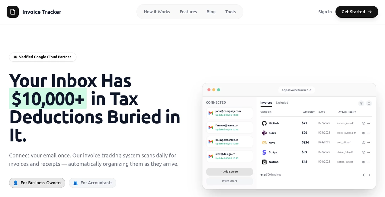 Screenshot of Invoice Tracker – An AI tool in the ,AI Accounting Assistant ,AI Productivity Tools ,AI Documents Assistant  category, showcasing its interface and key features.