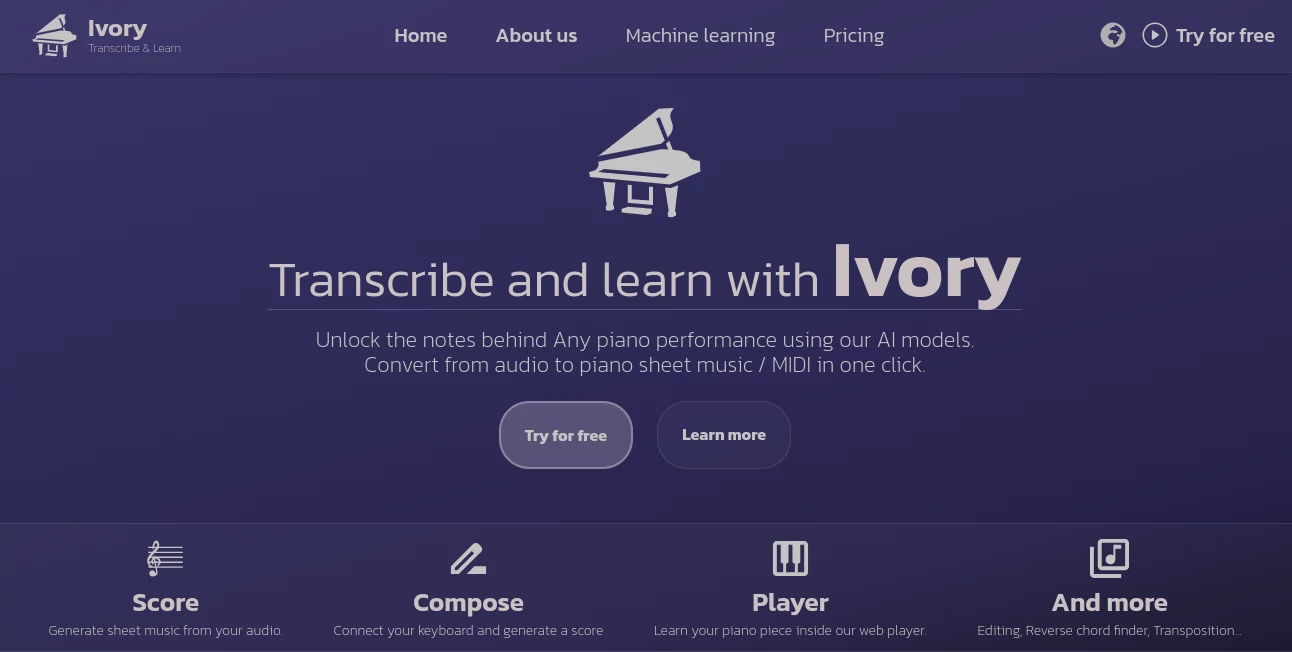 Screenshot of Ivory – An AI tool in the ,AI Transcription ,AI Music Generator ,AI Speech to Text ,AI Speech Recognition  category, showcasing its interface and key features.