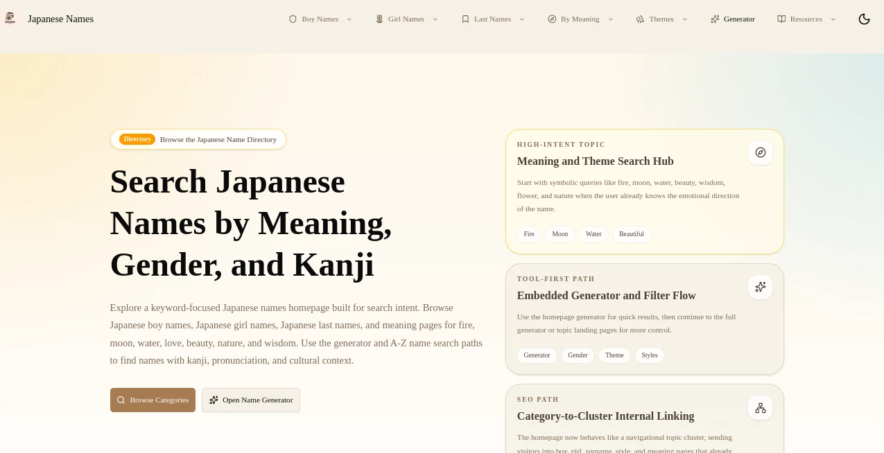 Screenshot of Japanese Name Generator – An AI tool in the ,AI Character ,AI Life Assistant ,AI Content Generator ,AI Education Assistant  category, showcasing its interface and key features.