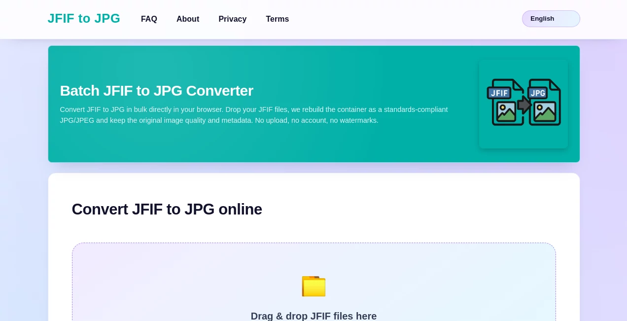 Screenshot of JFIF to JPG Converter – An AI tool in the ,Photo & Image Editor ,AI Documents Assistant ,AI Files Assistant  category, showcasing its interface and key features.