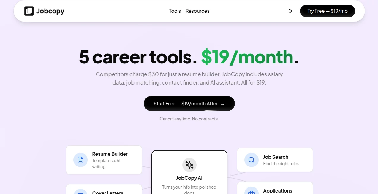 Screenshot of JobCopy – An AI tool in the ,AI Cover Letter Generator ,AI Resume Builder ,AI Recruiting ,AI Writing Assistants  category, showcasing its interface and key features.