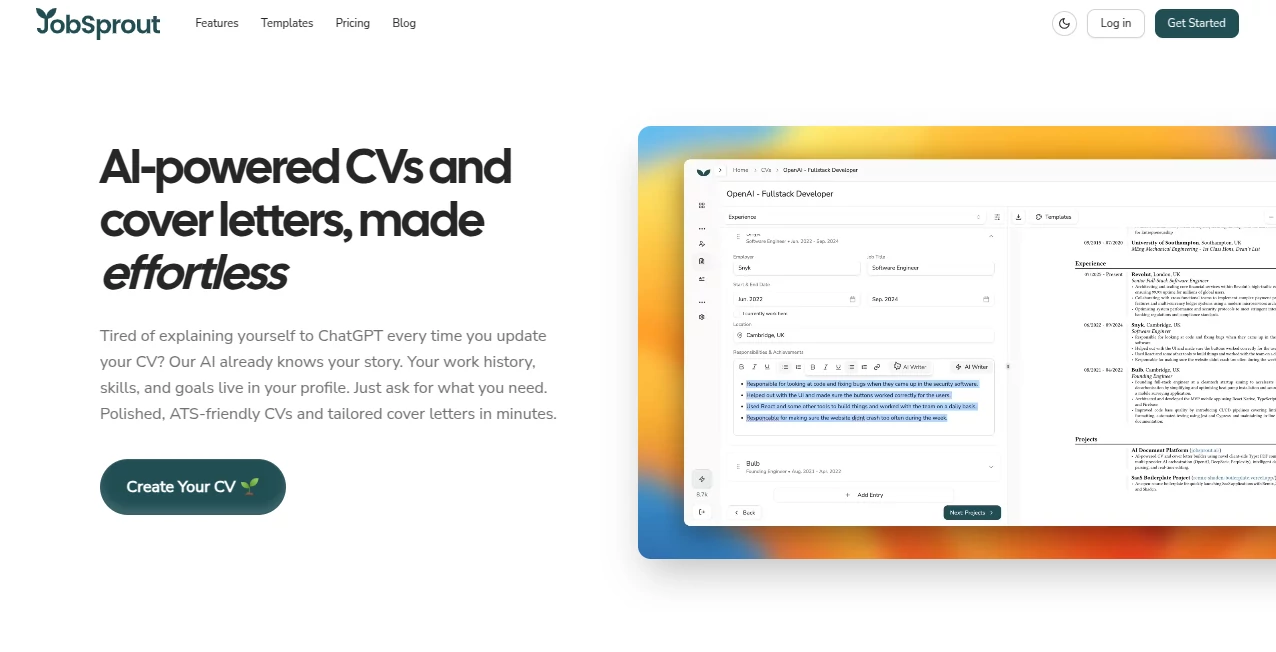 Screenshot of JobSprout – An AI tool in the ,AI Cover Letter Generator ,AI Recruiting ,AI Resume Builder  category, showcasing its interface and key features.