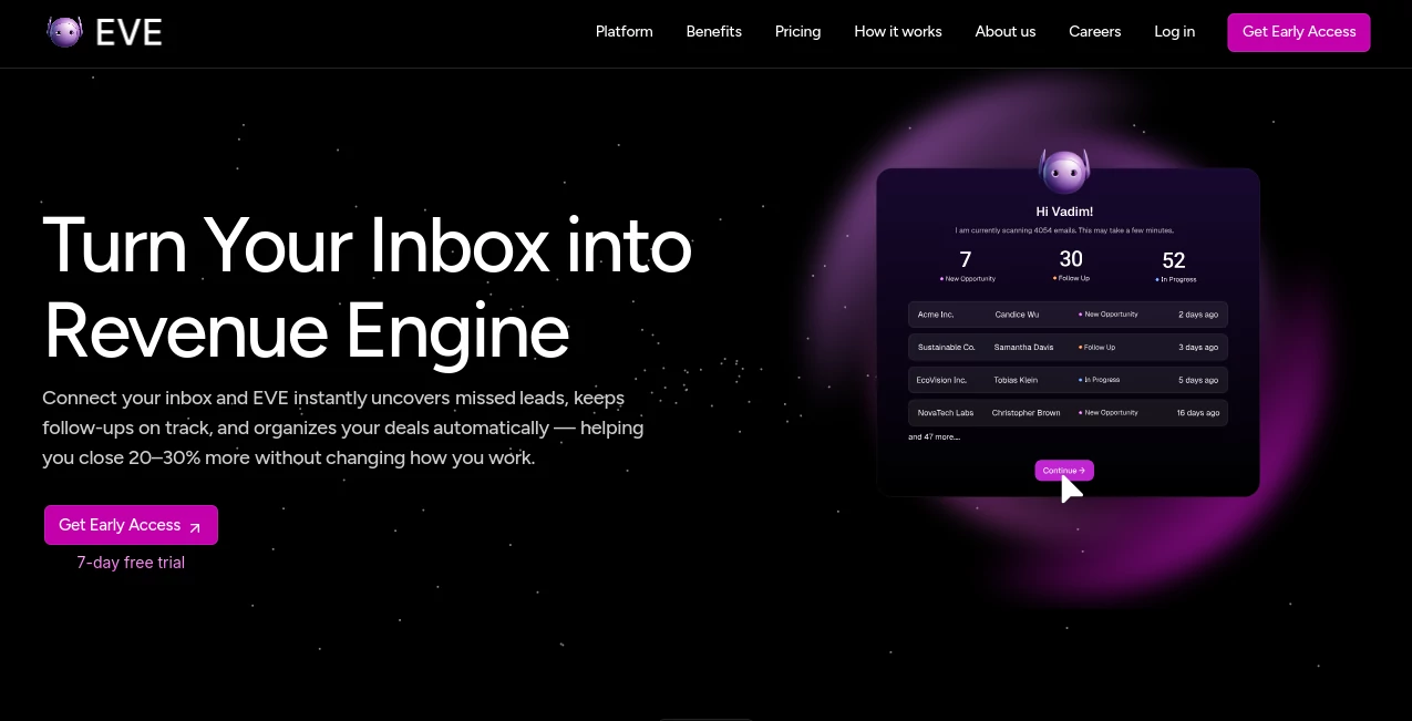 Screenshot of EVE – An AI tool in the ,AI CRM Assistant ,AI Email Assistant ,AI Response Generator ,AI Lead Generation  category, showcasing its interface and key features.