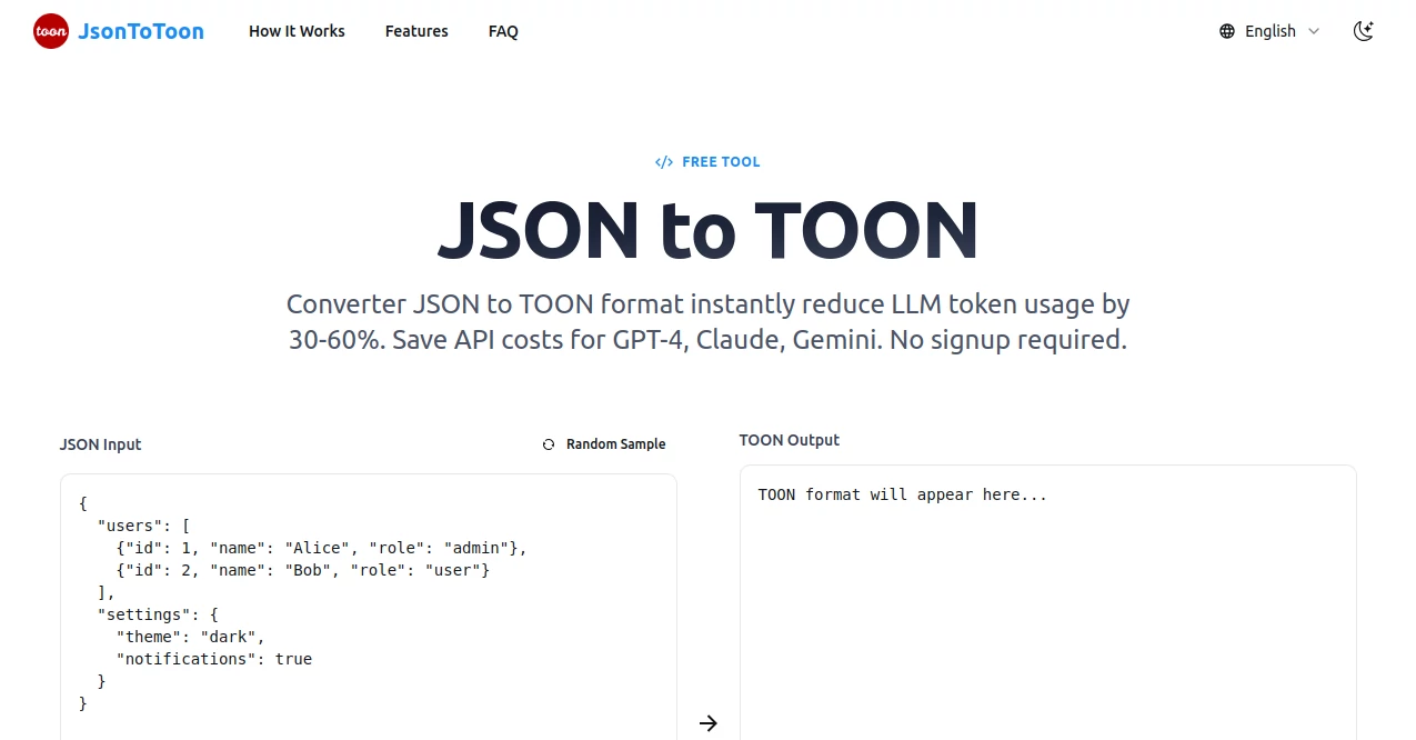 Screenshot of json toon – An AI tool in the ,AI API Design ,AI Developer Tools  category, showcasing its interface and key features.