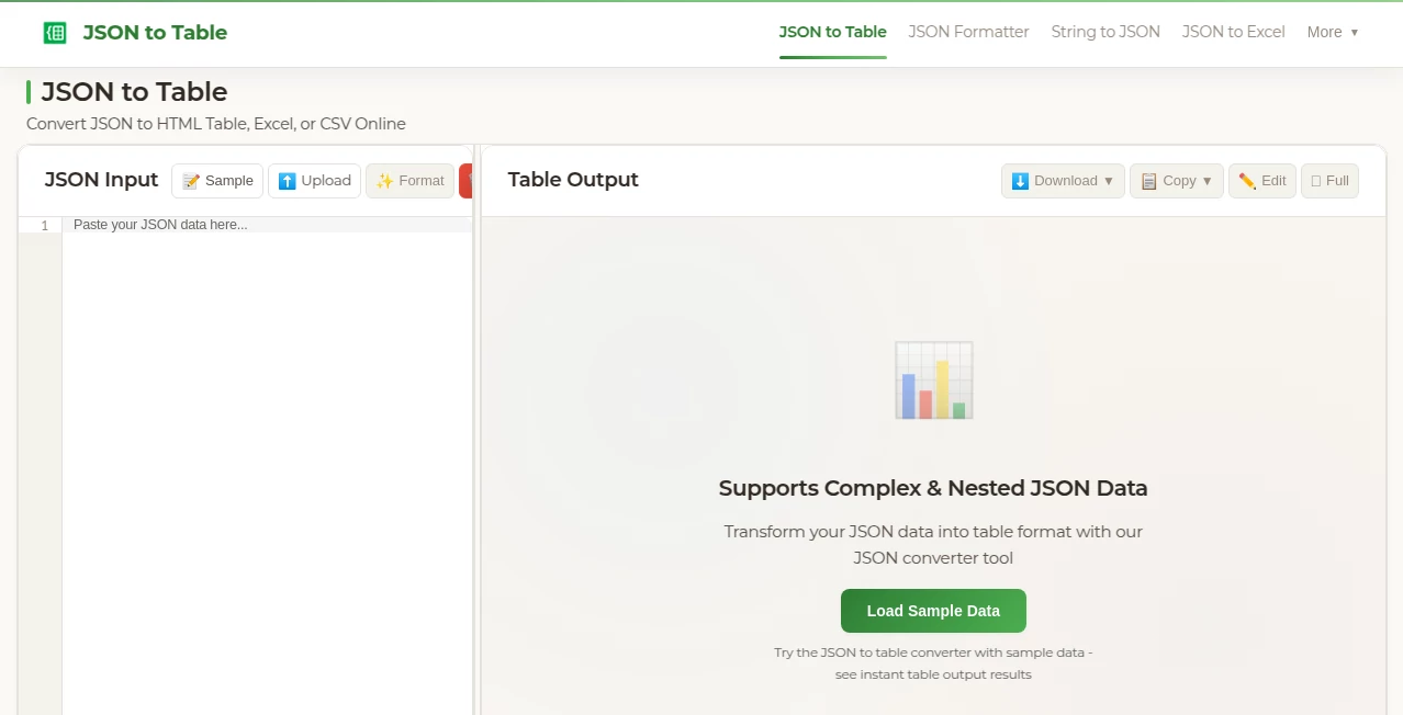 Screenshot of JSON to Table – An AI tool in the ,AI Developer Tools ,AI Productivity Tools  category, showcasing its interface and key features.
