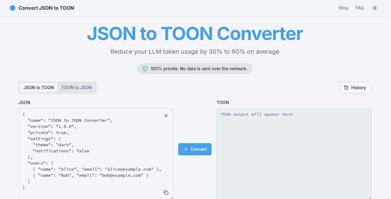 Screenshot of JSON to TOON Converter – An AI tool in the ,AI API Design ,AI Developer Tools ,AI Research Tool  category, showcasing its interface and key features.