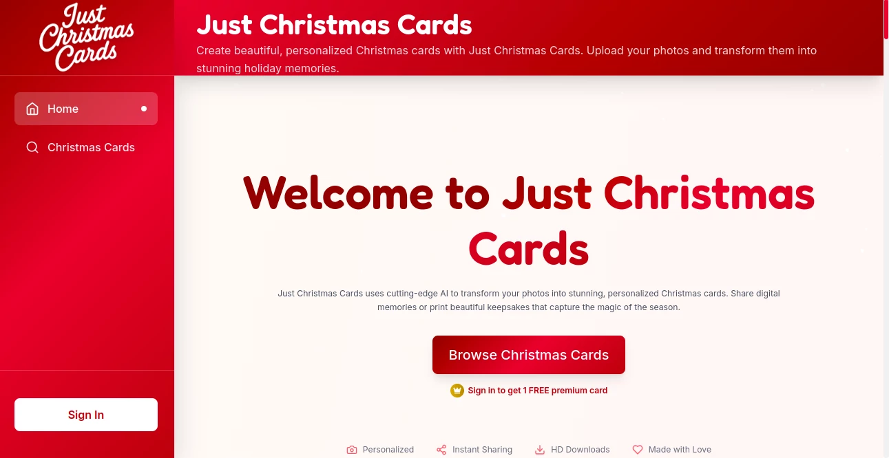 Screenshot of Just Christmas Cards – An AI tool in the ,AI Photo & Image Generator ,Photo & Image Editor ,AI Design Generator ,AI Image to Image  category, showcasing its interface and key features.