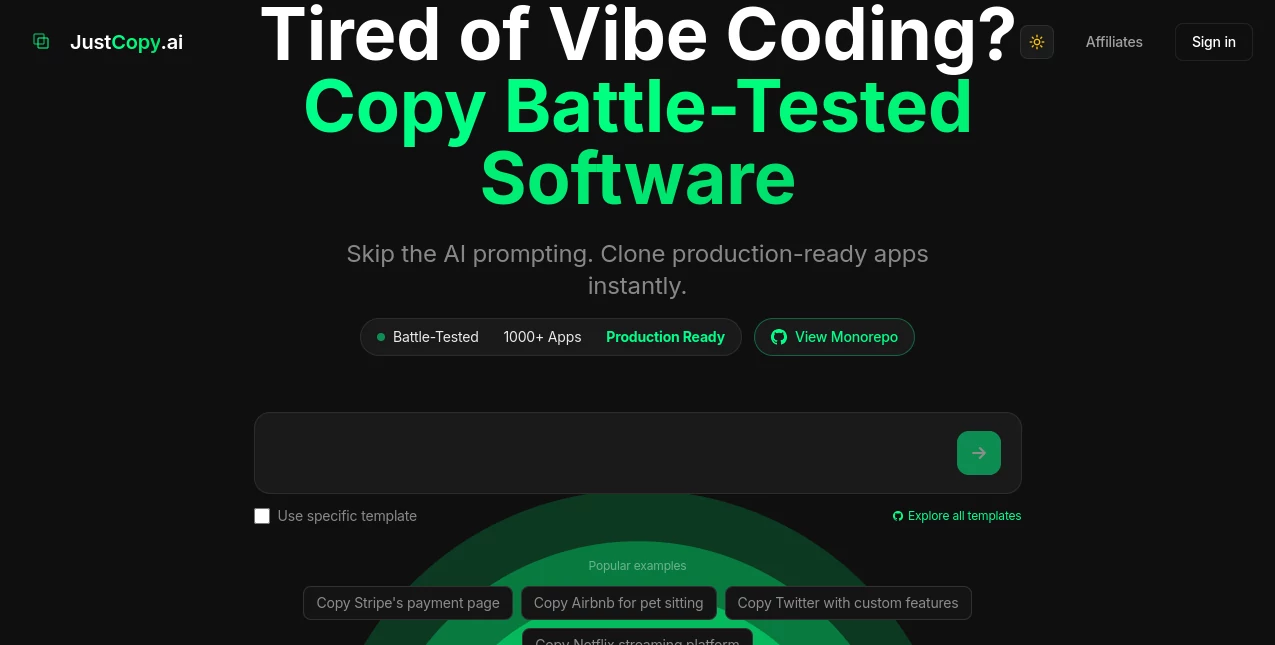 Screenshot of JustCopy.ai – An AI tool in the ,AI Website Builder ,AI App Builder ,AI No-Code & Low-Code ,AI Code Generator  category, showcasing its interface and key features.