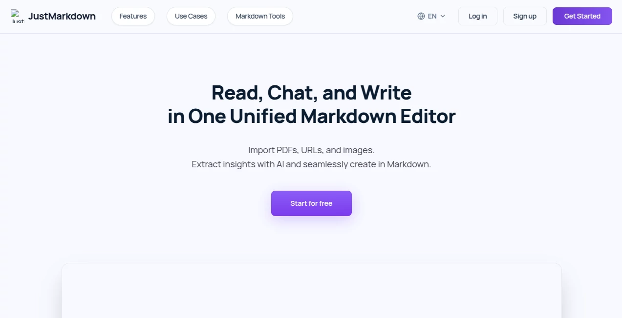 Screenshot of justmarkdown – An AI tool in the ,AI Writing Assistants ,AI Content Generator ,AI Notes Assistant ,AI Documents Assistant  category, showcasing its interface and key features.