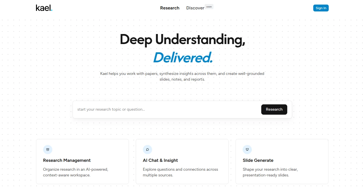 Screenshot of Kael – An AI tool in the ,AI Research Tool ,AI Productivity Tools ,AI Notes Assistant ,AI Documents Assistant  category, showcasing its interface and key features.