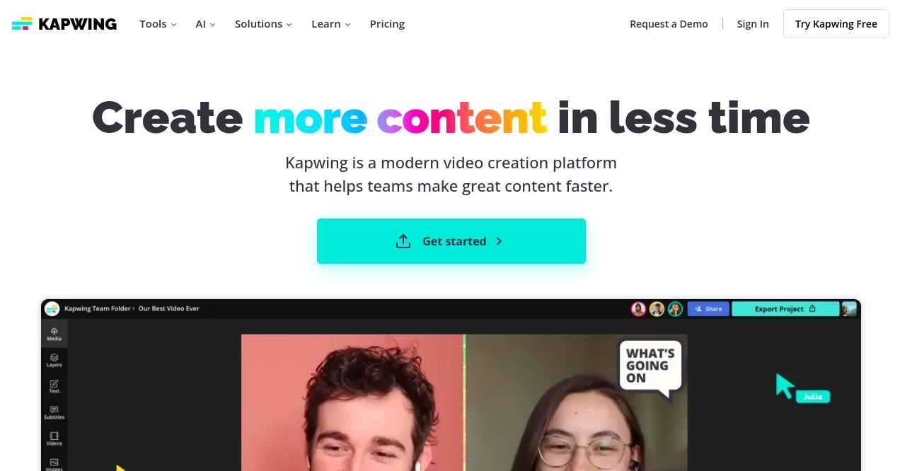 Screenshot of Kapwing – An AI tool in the ,AI Video Editor ,AI Captions or Subtitle ,Photo & Image Editor ,AI Social Media Assistant ,AI Repurpose Assistant ,AI Background Remover ,AI Video Recording  category, showcasing its interface and key features.