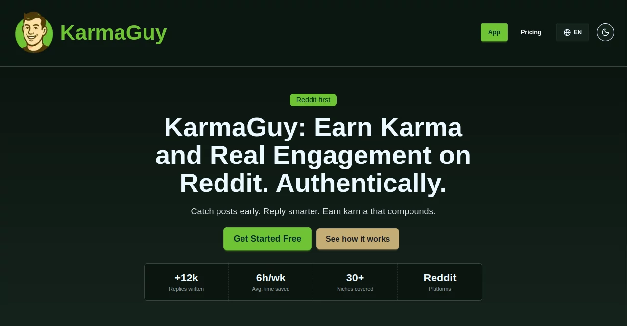Screenshot of KarmaGuy – An AI tool in the ,AI Analytics Assistant ,AI Social Media Assistant ,Marketing ,AI Productivity Tools ,AI Team Collaboration  category, showcasing its interface and key features.