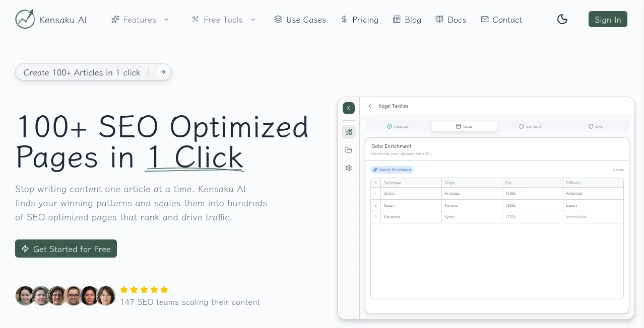 Screenshot of Kensaku AI – An AI tool in the ,AI Content Generator ,AI SEO Assistant ,AI Marketing Plan Generator ,AI Productivity Tools  category, showcasing its interface and key features.