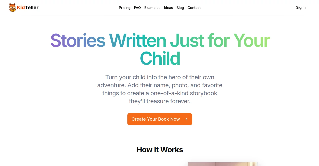 Screenshot of KidTeller – An AI tool in the ,AI Story Writing ,AI Creative Writing ,AI Gift Ideas ,AI Parenting  category, showcasing its interface and key features.