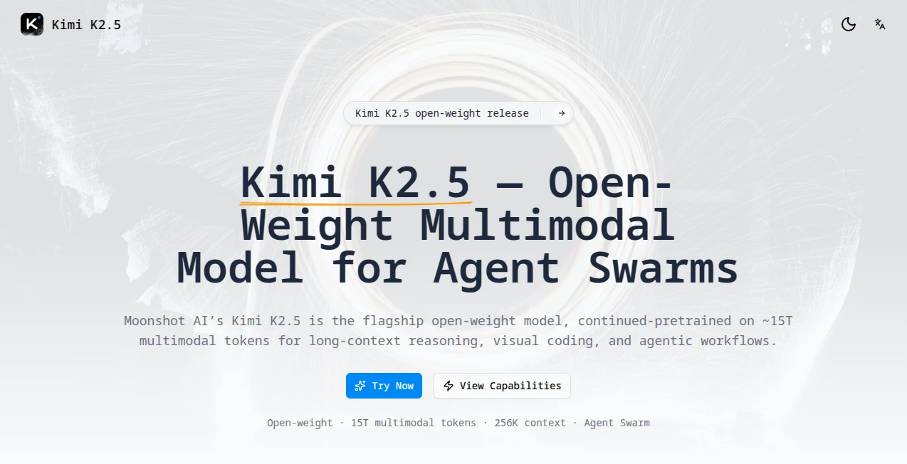 Screenshot of Kimi K2.5 – An AI tool in the ,AI Code Assistant ,AI Research Tool ,AI Code Generator ,AI Developer Tools  category, showcasing its interface and key features.