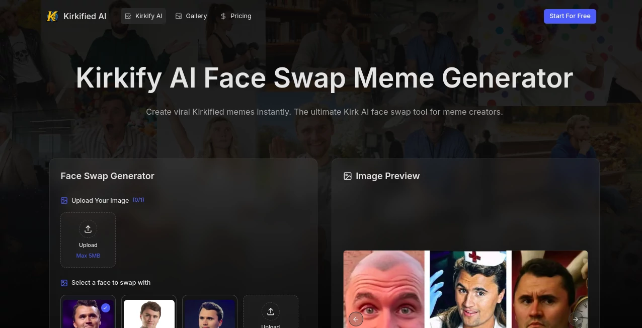 Screenshot of Kirkify – An AI tool in the ,Photo & Image Editor ,AI Image to Image ,AI Face Swap Generator ,AI Fun Tools  category, showcasing its interface and key features.