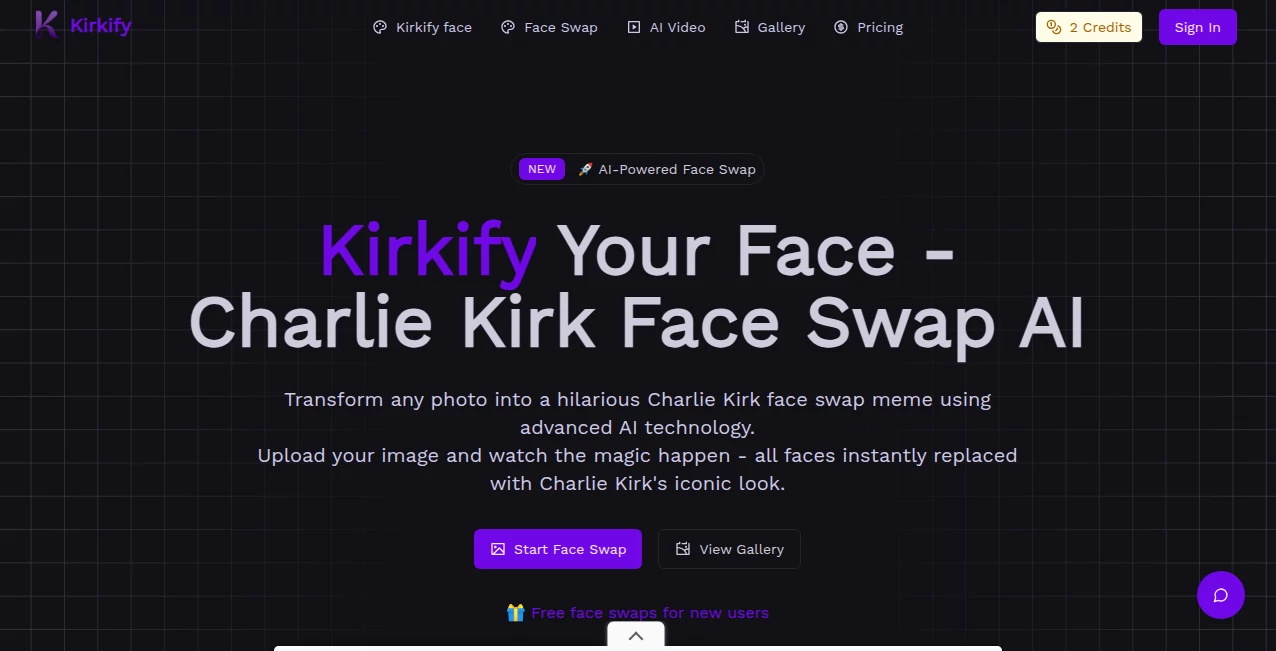 Screenshot of Kirkify - Charlie Kirk Face Swap AI – An AI tool in the ,Photo & Image Editor ,AI Image to Image ,AI Face Swap Generator ,AI Fun Tools  category, showcasing its interface and key features.