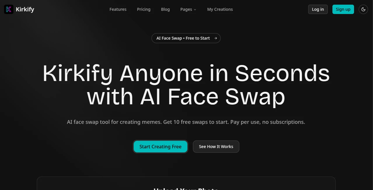 Screenshot of Kirkify – An AI tool in the ,AI Image to Image ,AI Face Swap Generator ,AI Fun Tools  category, showcasing its interface and key features.