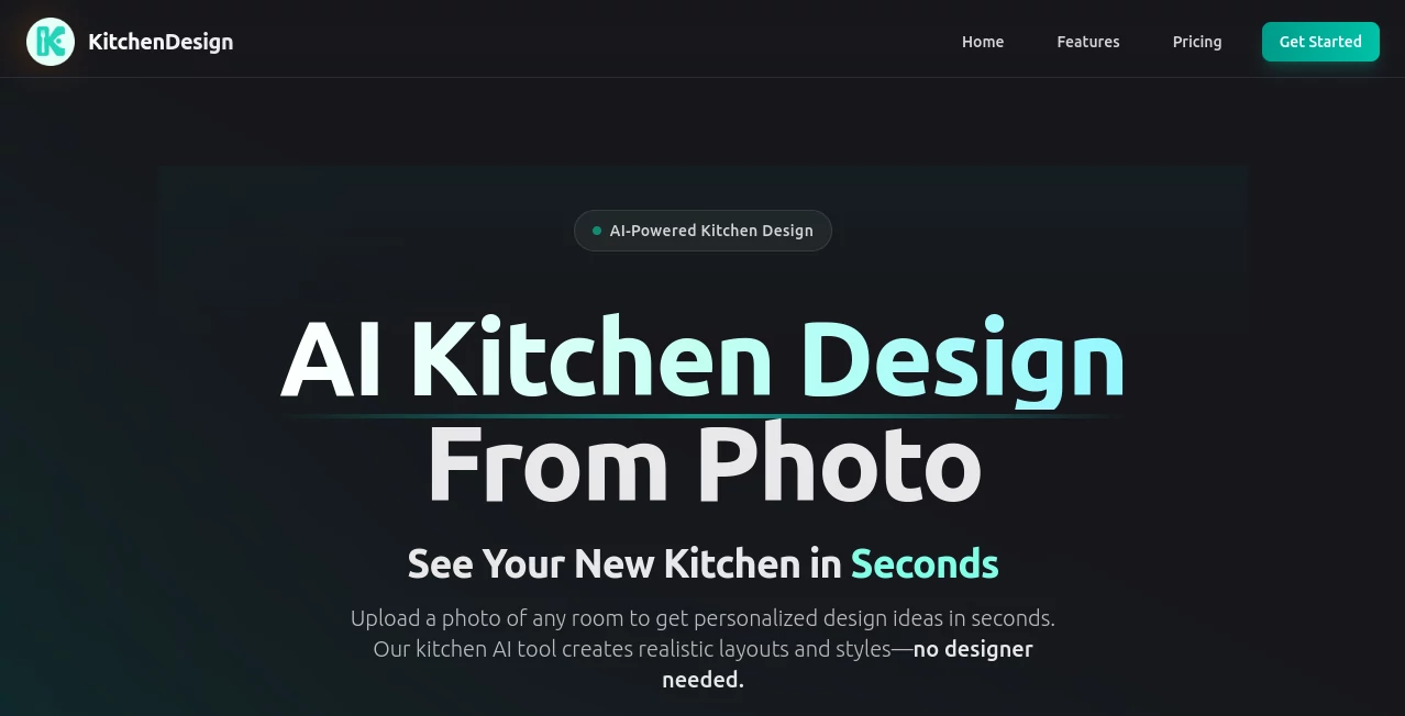 Screenshot of KitchenDesign – An AI tool in the ,Photo & Image Editor ,AI Image to Image ,AI Design Generator ,AI Interior & Room Design  category, showcasing its interface and key features.