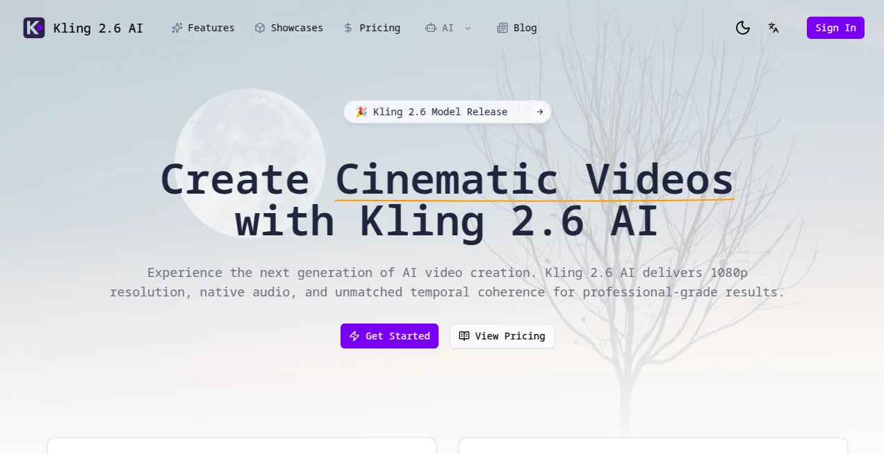 Screenshot of Kling 2.6 AI – An AI tool in the ,AI Animated Video ,AI Image to Video ,AI Text to Video ,AI Video Generator  category, showcasing its interface and key features.