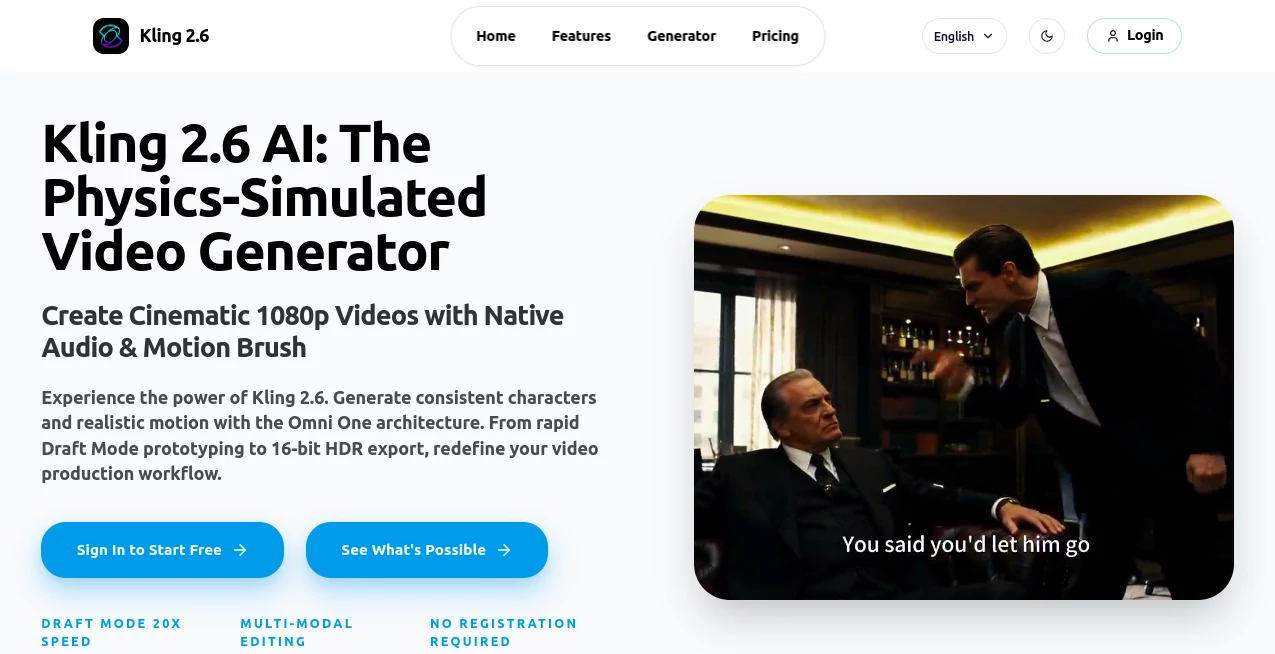 Screenshot of Kling 2.6 – An AI tool in the ,AI Animated Video ,AI Image to Video ,AI Text to Video ,AI Video Generator  category, showcasing its interface and key features.