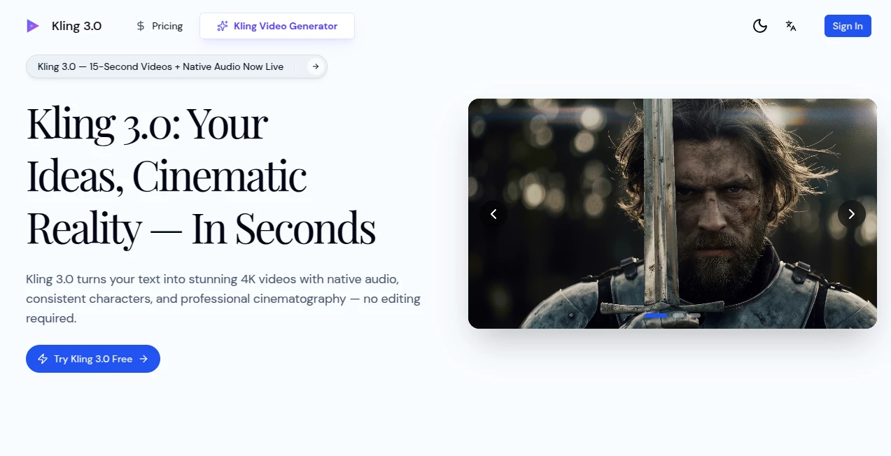 Screenshot of Kling 3.0 – AI Video Director – An AI tool in the ,AI Animated Video ,AI Image to Video ,AI Video Generator ,AI Text to Video  category, showcasing its interface and key features.