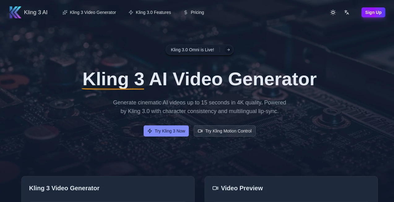 Screenshot of Kling 3.0 – An AI tool in the ,AI Animated Video ,AI Image to Video ,AI Video Generator ,AI Text to Video  category, showcasing its interface and key features.
