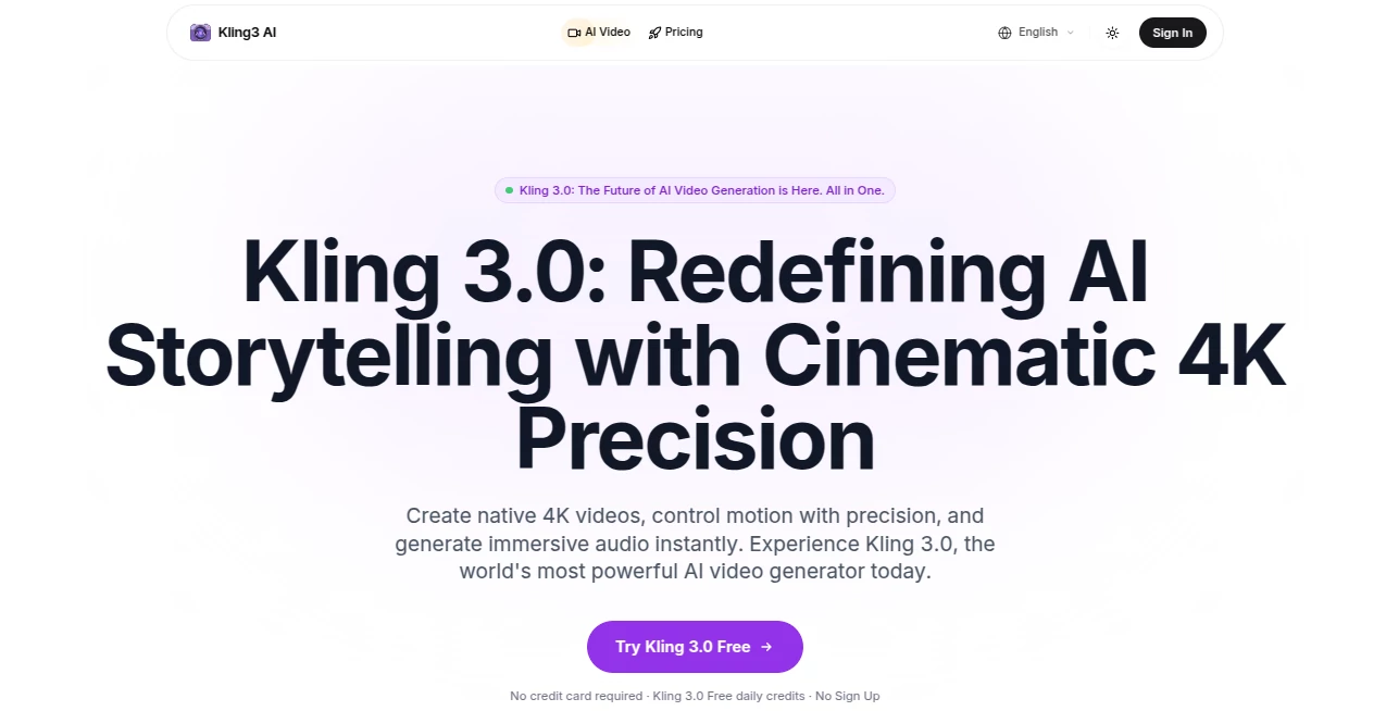 Screenshot of Kling 3.0 – An AI tool in the ,AI Animated Video ,AI Image to Video ,AI Video Generator ,AI Text to Video  category, showcasing its interface and key features.