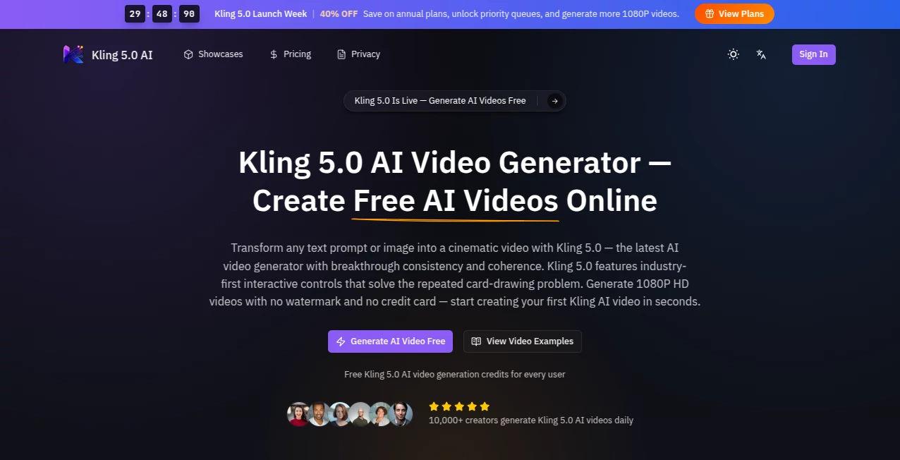 Screenshot of Kling 5.0 – An AI tool in the ,AI Animated Video ,AI Image to Video ,AI Video Generator ,AI Text to Video  category, showcasing its interface and key features.