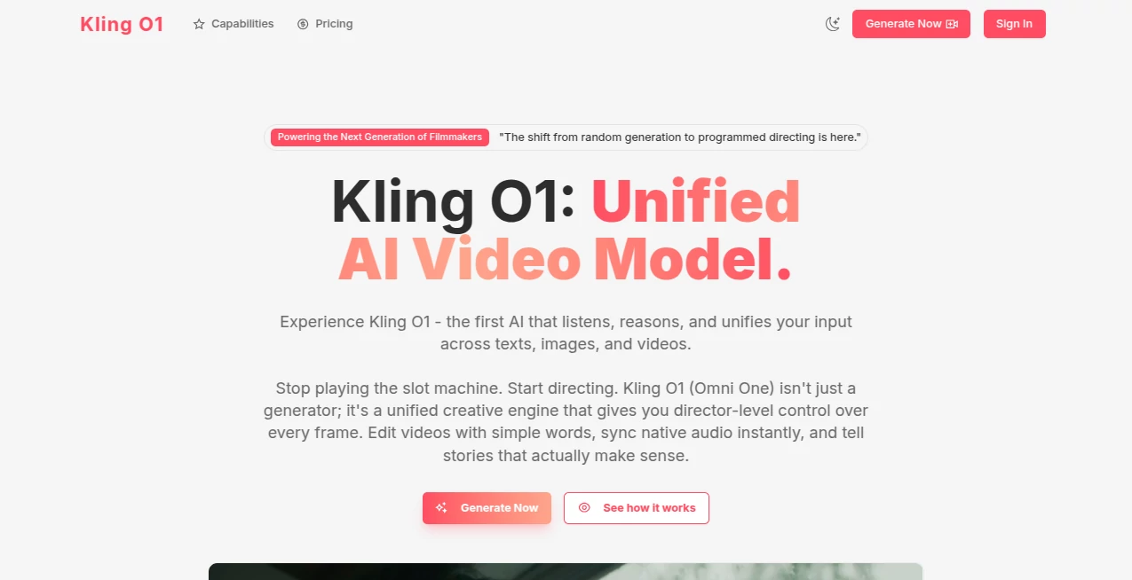 Screenshot of Kling O1 – An AI tool in the ,AI Animated Video ,AI Video Editor ,AI Text to Video ,AI Video Generator  category, showcasing its interface and key features.