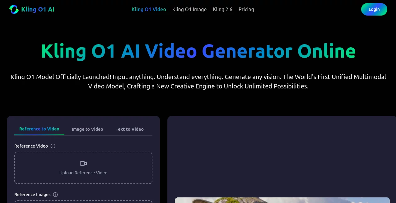 Screenshot of Kling O1 AI – An AI tool in the ,AI Image to Video ,AI Video Editor ,AI Text to Video ,AI Video Generator  category, showcasing its interface and key features.