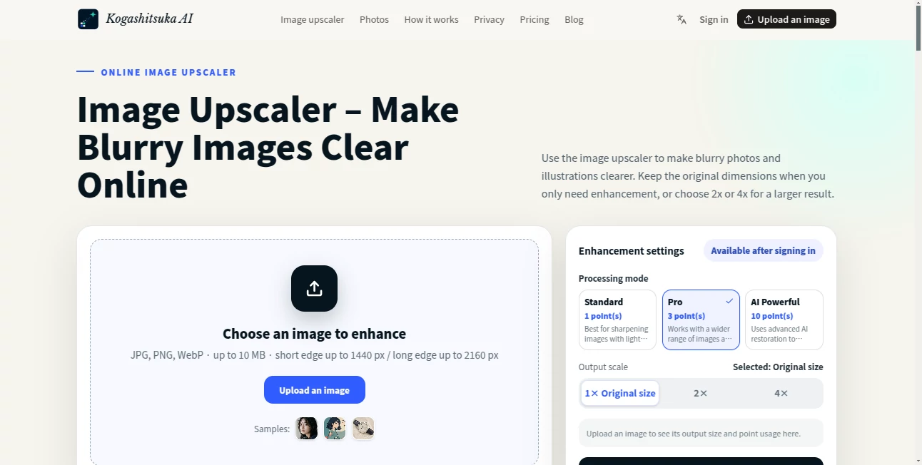 Screenshot of Kogashitsuka AI – An AI tool in the ,AI Photo & Image Generator ,Photo & Image Editor ,AI Photo Enhancer ,AI Image to Image  category, showcasing its interface and key features.