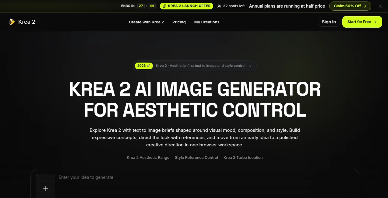 Screenshot of Krea 2 – An AI tool in the ,AI Photo & Image Generator ,AI Art Generator ,AI Design Generator ,AI Text to Image  category, showcasing its interface and key features.