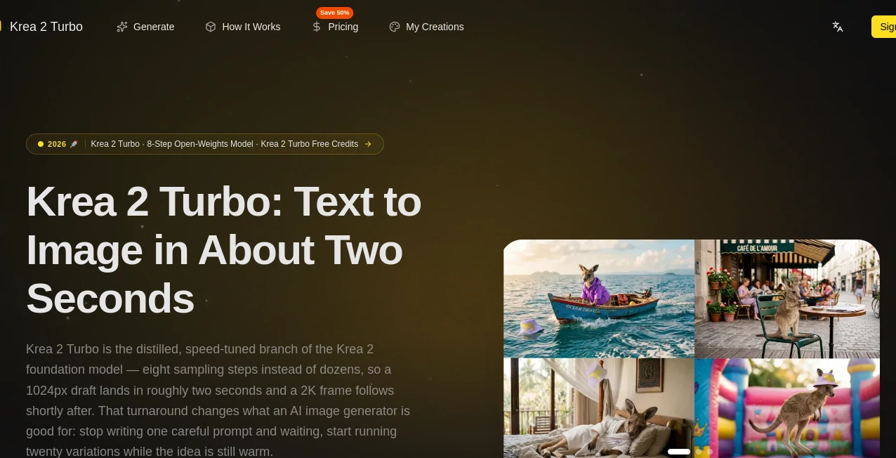 Screenshot of Krea 2 Turbo – An AI tool in the ,AI Photo & Image Generator ,AI Illustration Generator ,AI Art Generator ,AI Text to Image  category, showcasing its interface and key features.