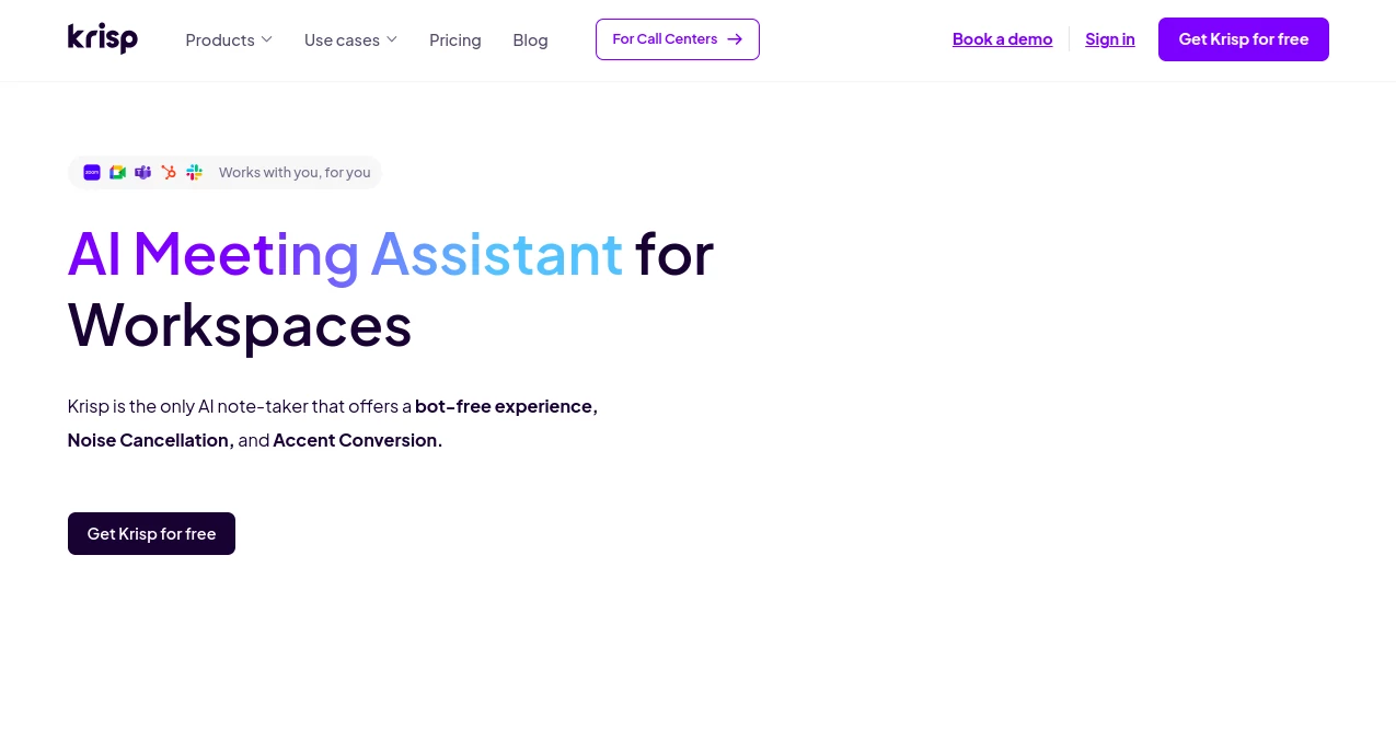 Screenshot of Krisp – An AI tool in the ,AI Voice & Audio Editing ,AI Speech Recognition ,AI Voice Assistants ,AI Noise Cancellation ,AI Meeting Assistant ,Productivity ,AI Product Description Generator  category, showcasing its interface and key features.