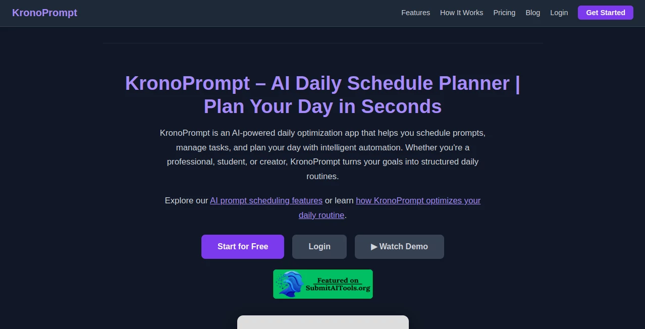 Screenshot of KronoPrompt – An AI tool in the ,AI Life Assistant ,AI Productivity Tools ,AI Workflow Management ,AI Scheduling  category, showcasing its interface and key features.
