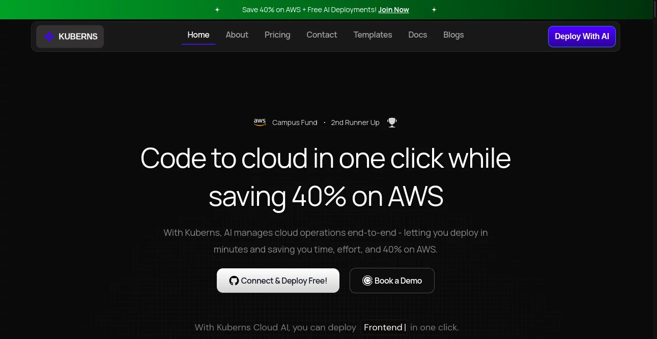 Screenshot of KUBERNS – An AI tool in the ,AI DevOps Assistant ,AI No-Code & Low-Code ,AI Developer Tools ,AI Workflow Management  category, showcasing its interface and key features.