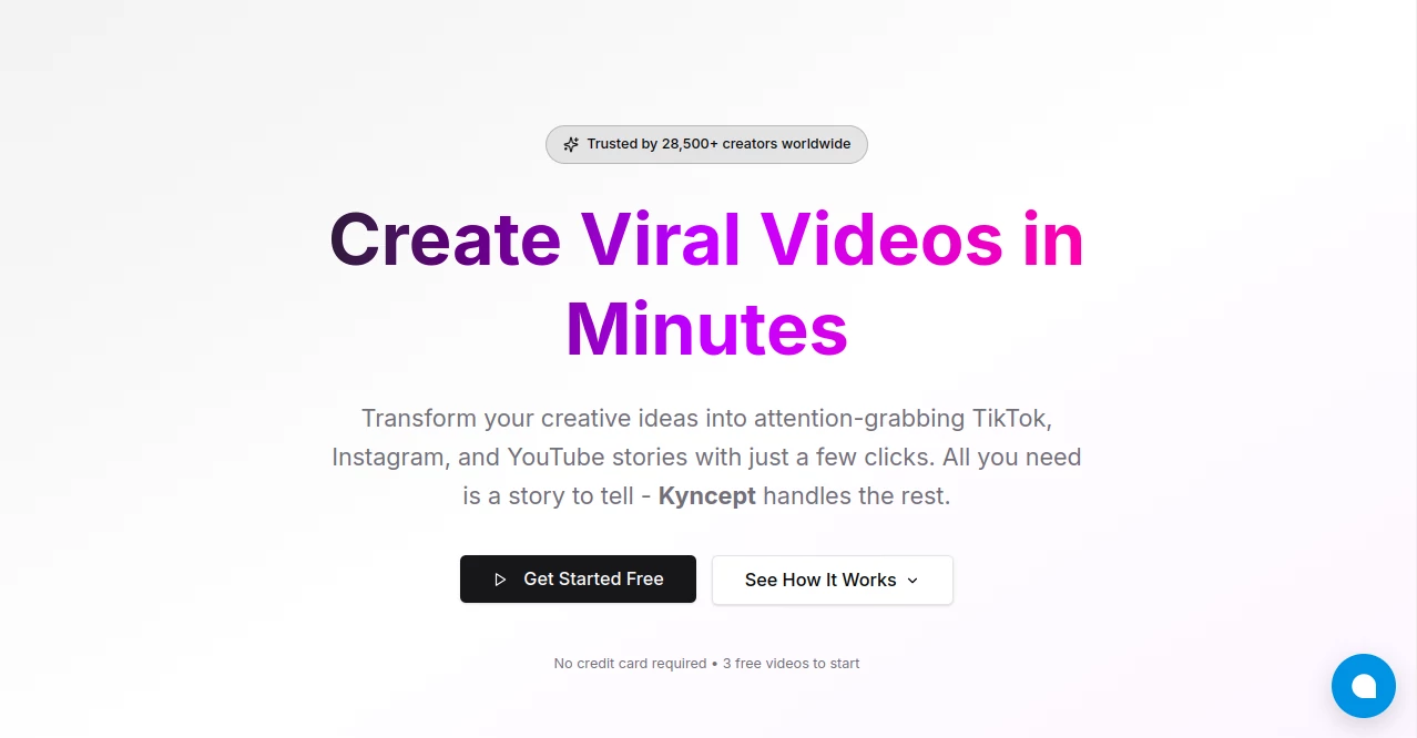 Screenshot of Kyncept – An AI tool in the ,AI Video Generator ,AI Social Media Assistant ,AI Script Writing ,AI Short Clips Generator  category, showcasing its interface and key features.